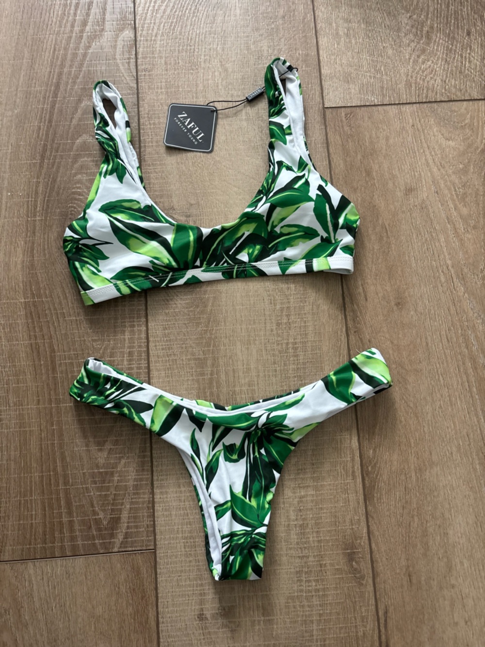 Zaful White Bikini with Green Leaf Print